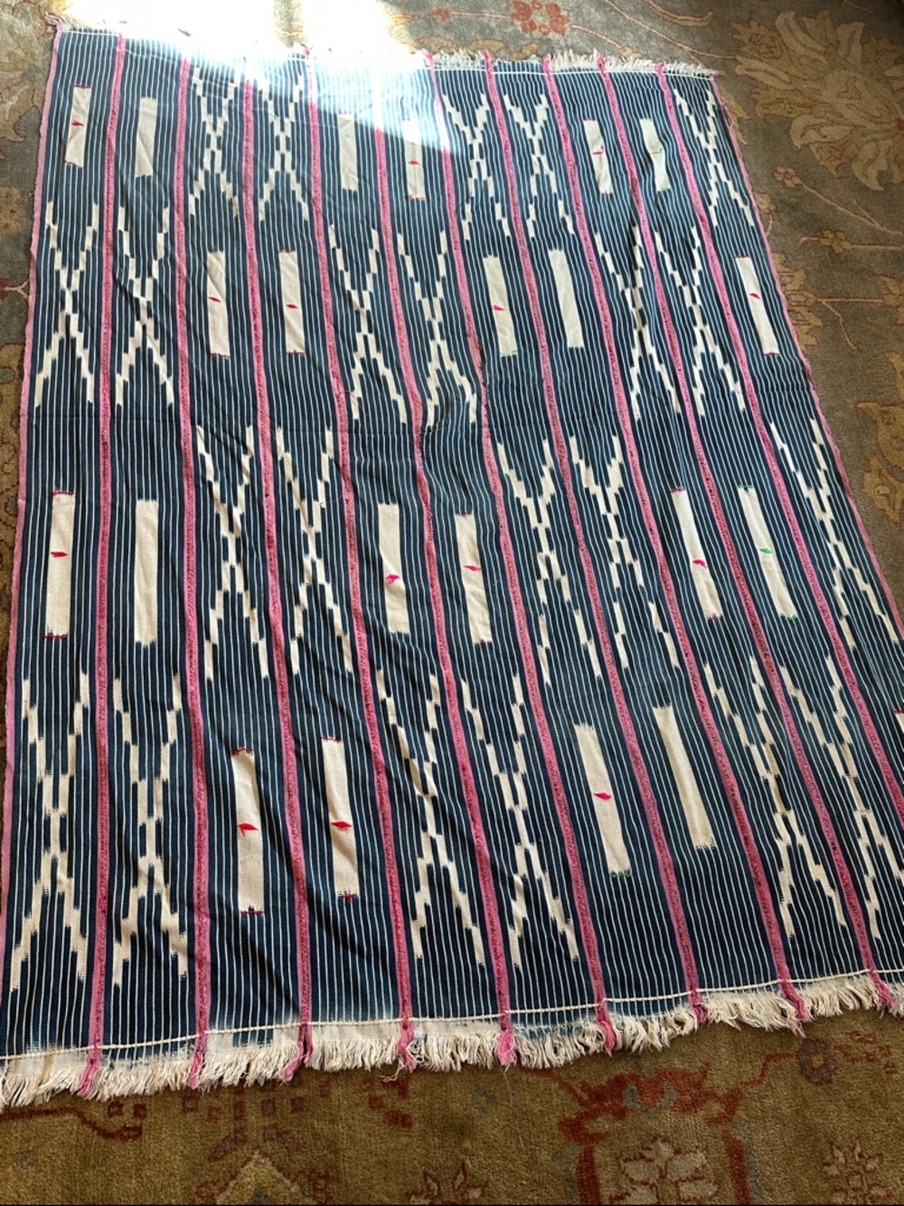 Blue & Pink Striped Ikat Handwoven MudCloth - Picture 4 of 5